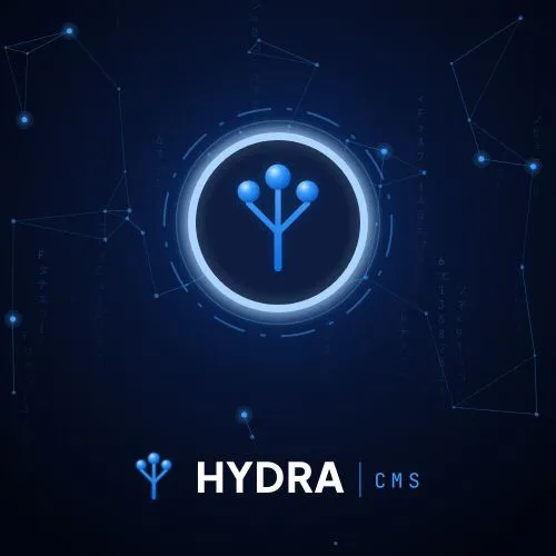 The Hydra bespoke CMS logo on a navy circuit background