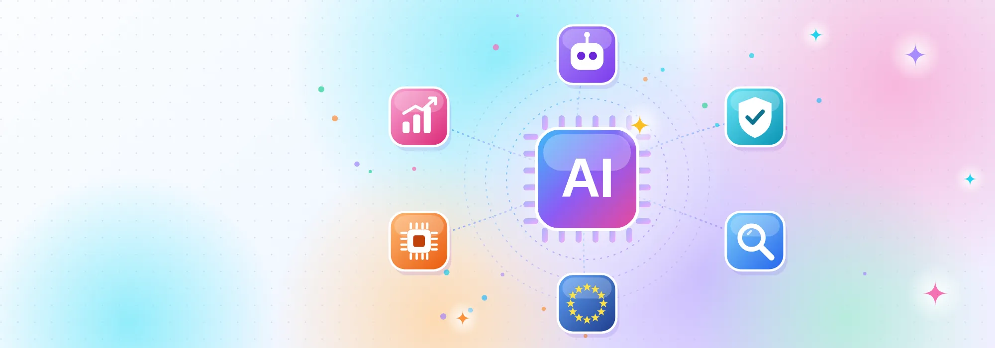 Latest AI news illustration: a glowing AI chip linked to tiles for agents, security, search, EU rules, chips and growth