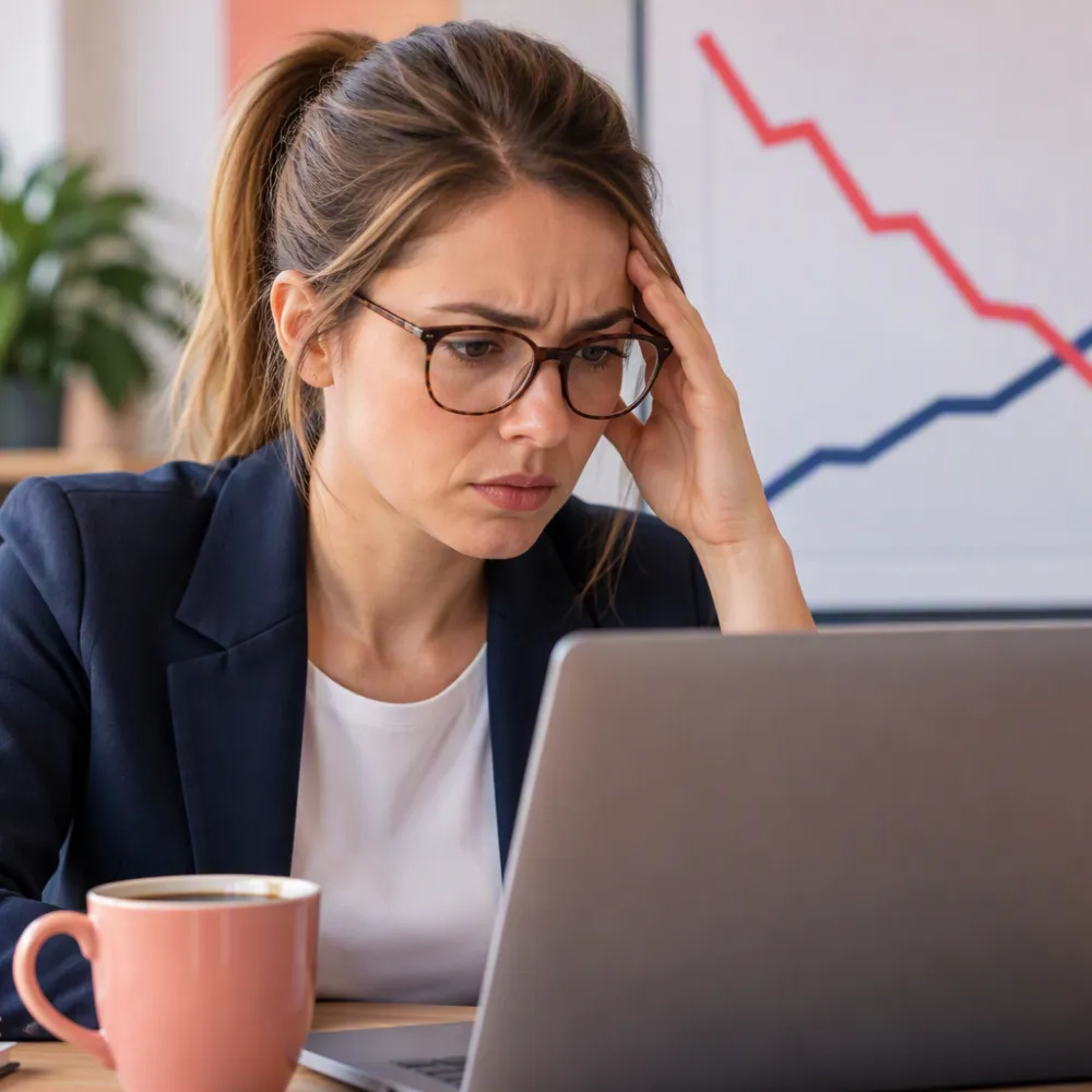 A frustrated young businesswoman with a ponytail and glasses looking at her laptop beside a cup of coffee