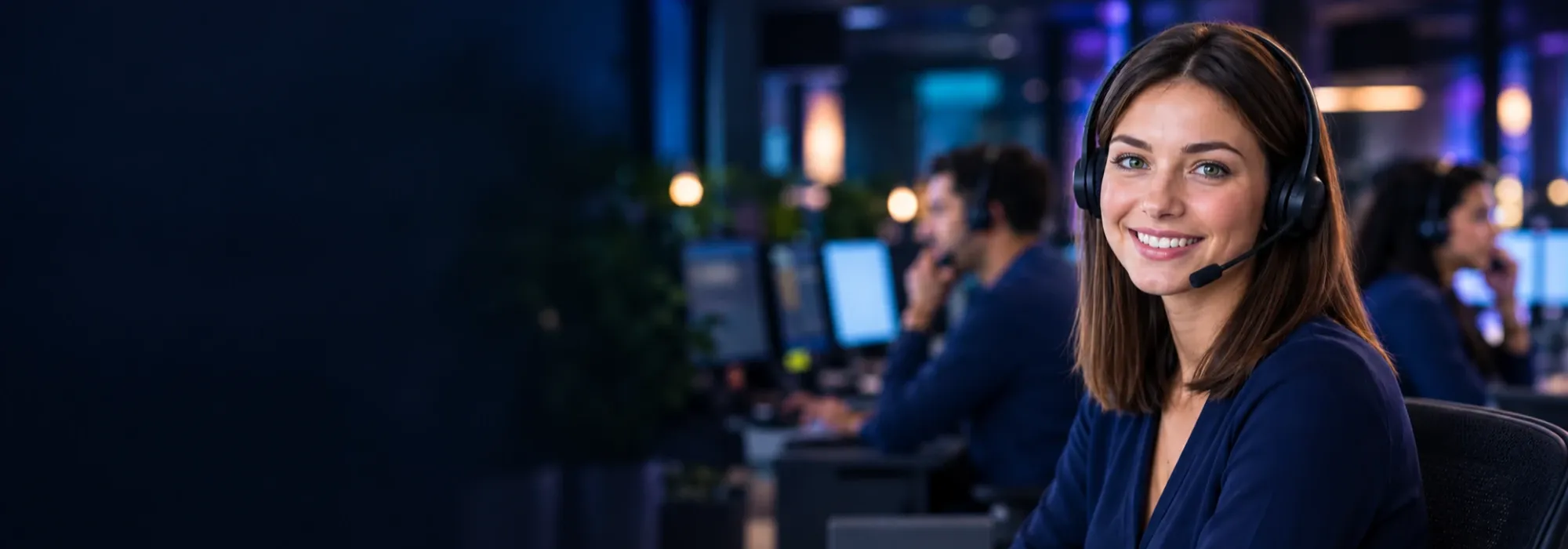 Contact Cirrus Design Studio: a smiling adviser in a headset at her desk, with colleagues on calls behind her