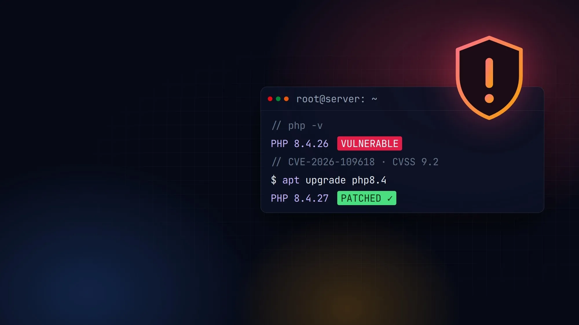 A server terminal showing PHP 8.4.26 flagged as vulnerable to PHP2Shell, then patched to PHP 8.4.27, beside a security warning shield