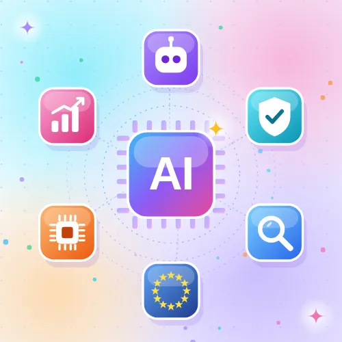 AI chip surrounded by icons for AI agents, security, search, EU regulation, chips and growth