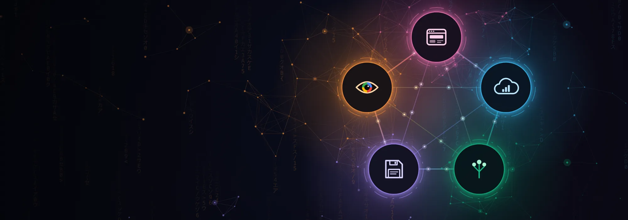 Glowing icons for digital marketing, website design, cloud business systems, legacy system conversion and Hydra CMS, linked in a network