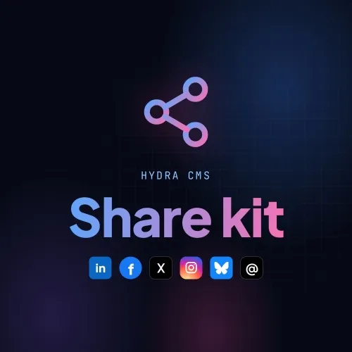 Hydra CMS Share kit, with the LinkedIn, Facebook, X, Instagram, Bluesky and Threads logos