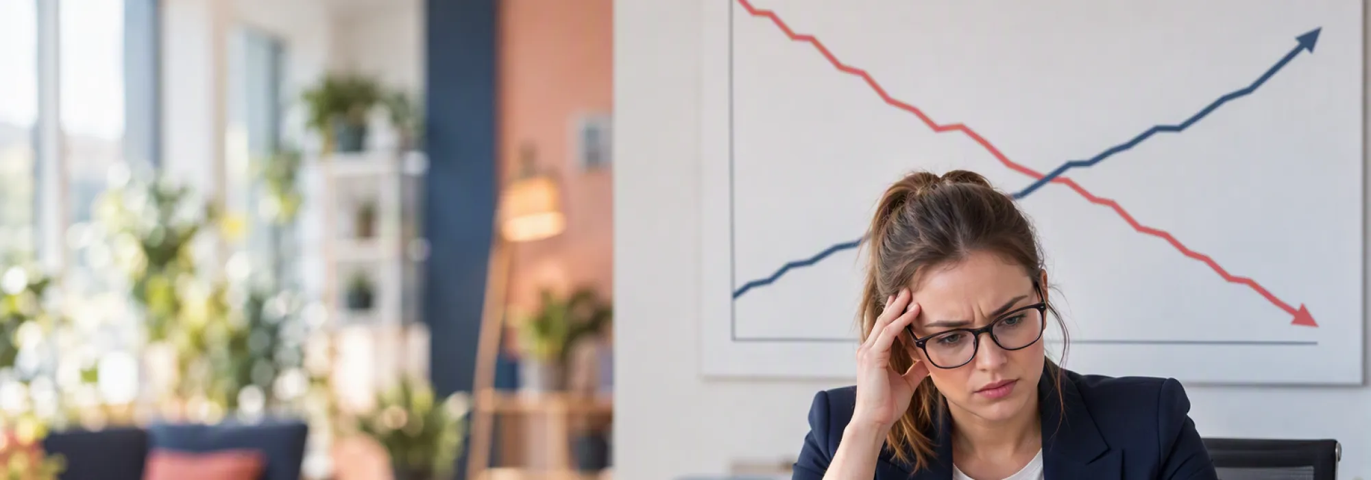 A frustrated young businesswoman staring at her laptop while working on her DIY website, with a chart behind her showing sales falling and marketing spend rising