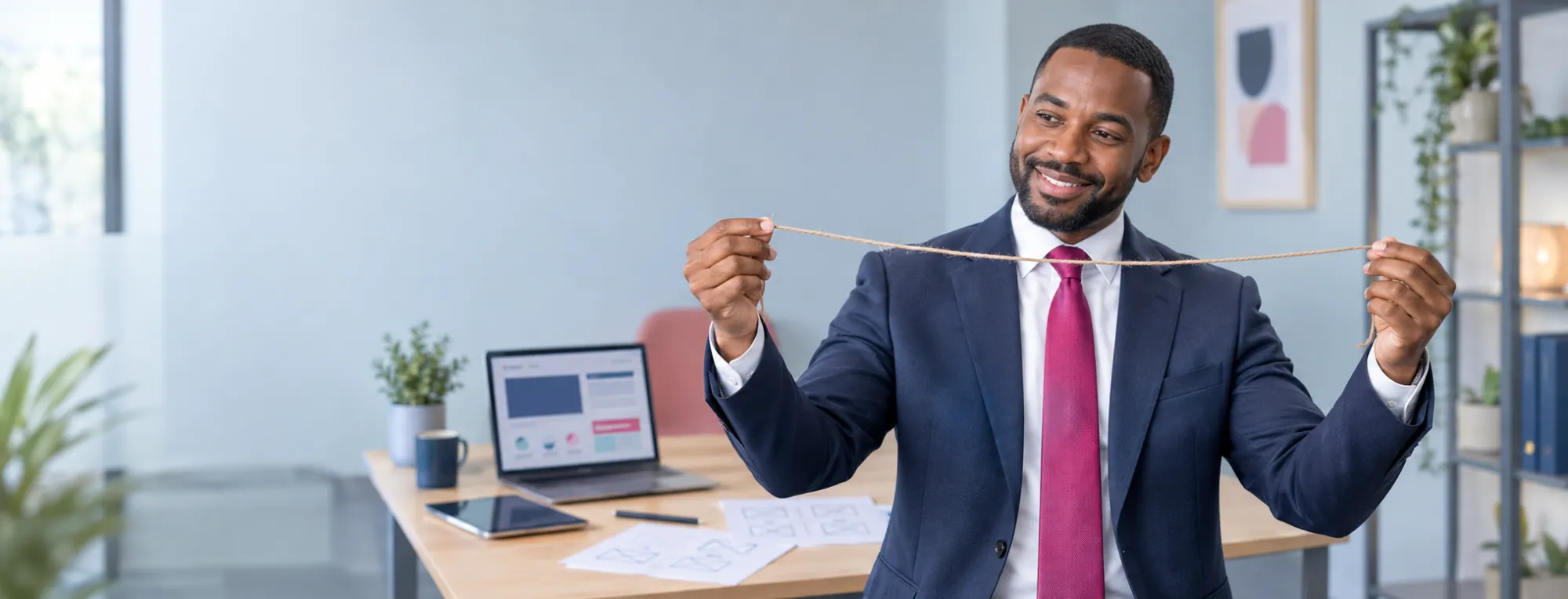 Smiling Black businessman in a navy suit and raspberry tie holding up a length of string in a bright office, a visual nod to how much a website costs