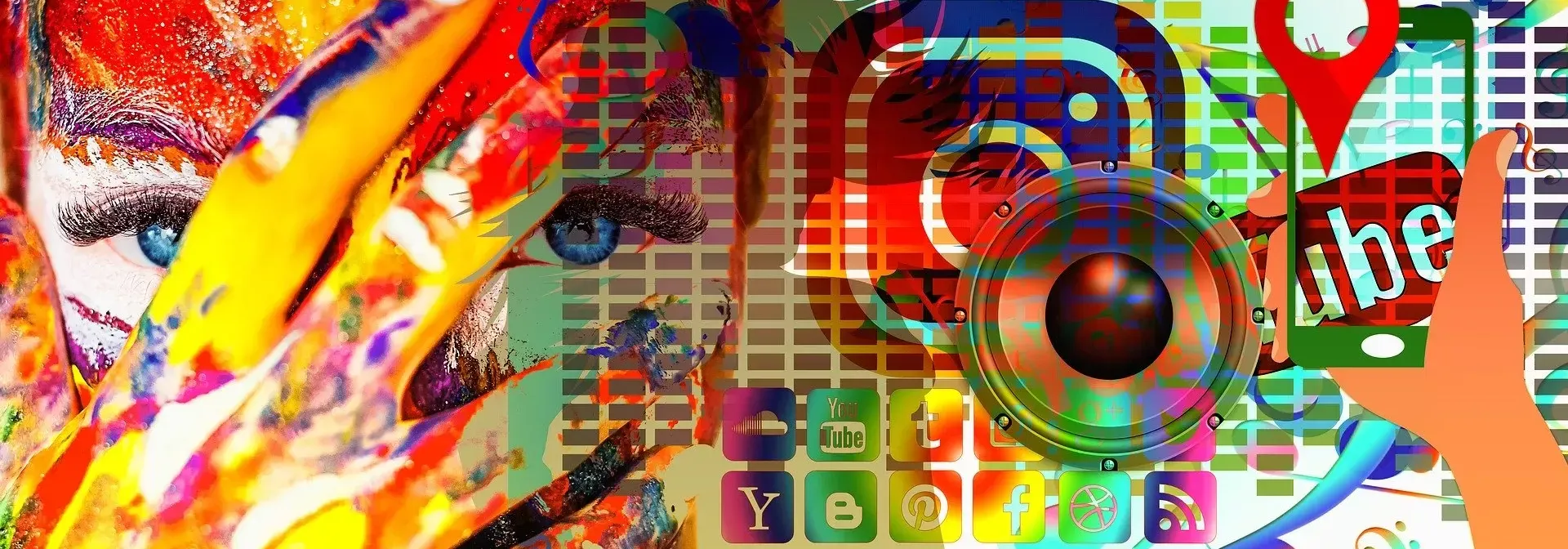 A colourful collage of a painted face with social media and app icons