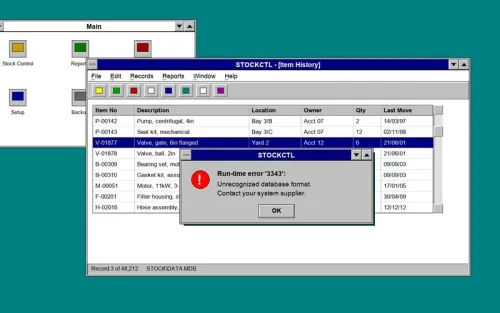 An old Windows database program showing a run-time error