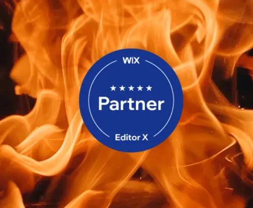 Wix 5 star Partner badge (Editor X) against a background of flames