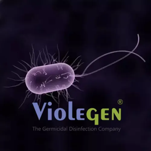 Violegen logo with an illustrated bacterium: the germicidal disinfection company