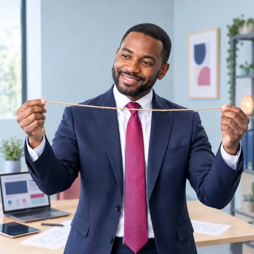 Smiling Black businessman in a navy suit and raspberry tie holding up a length of string between his hands