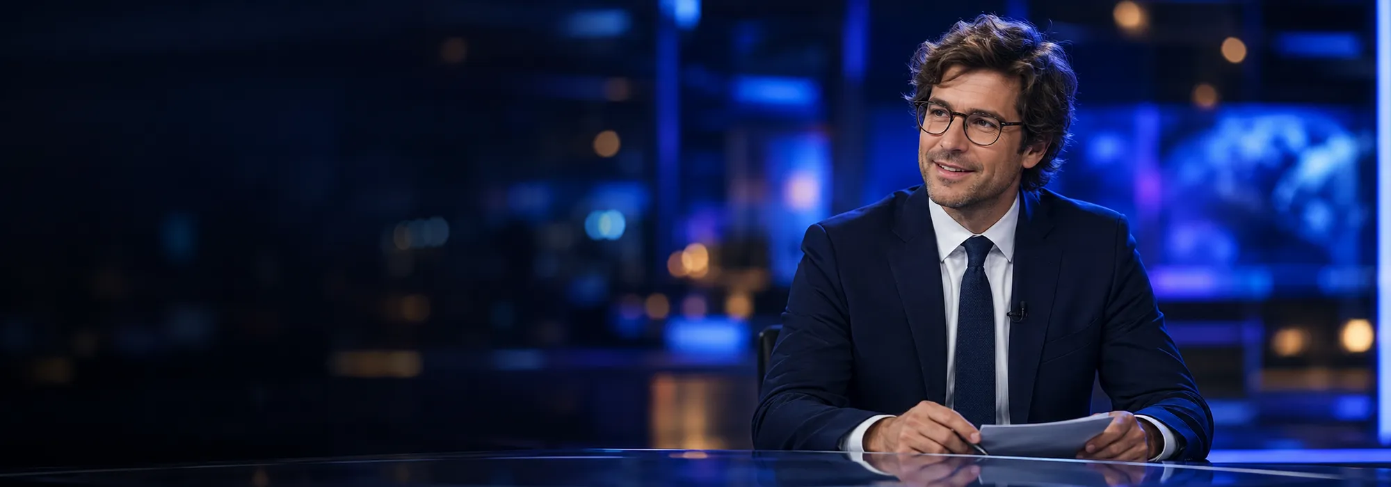 News and insights from Cirrus Design Studio: a smiling news presenter in round glasses and a navy suit at a studio desk