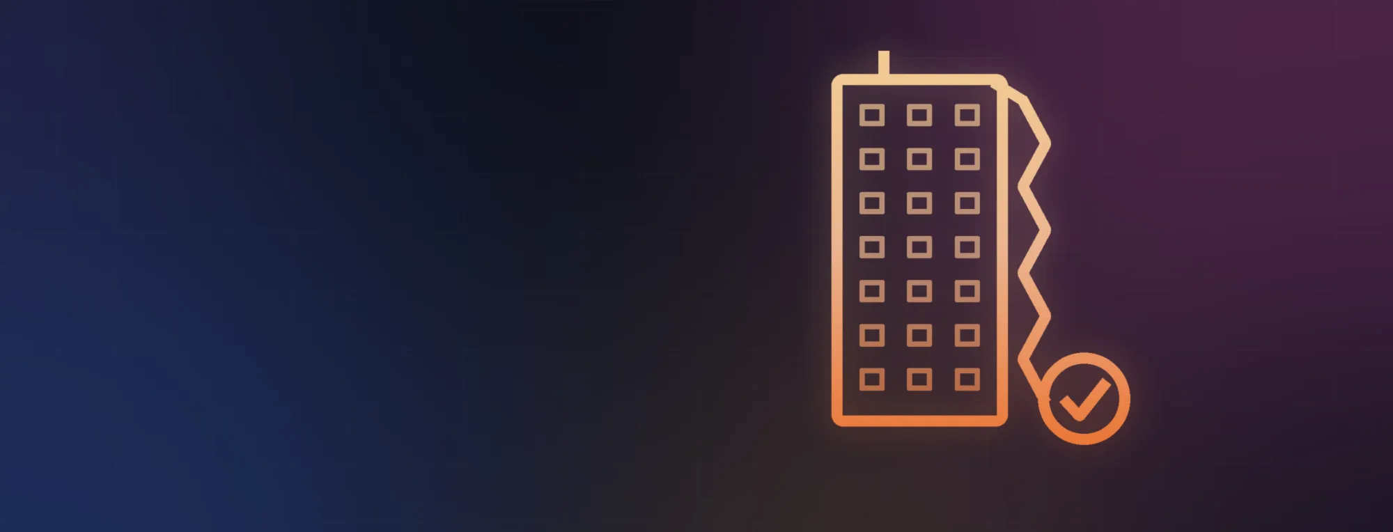 A glowing outline of a high-rise building with a thread running down its side to a tick, representing Gateway 3 and the golden thread