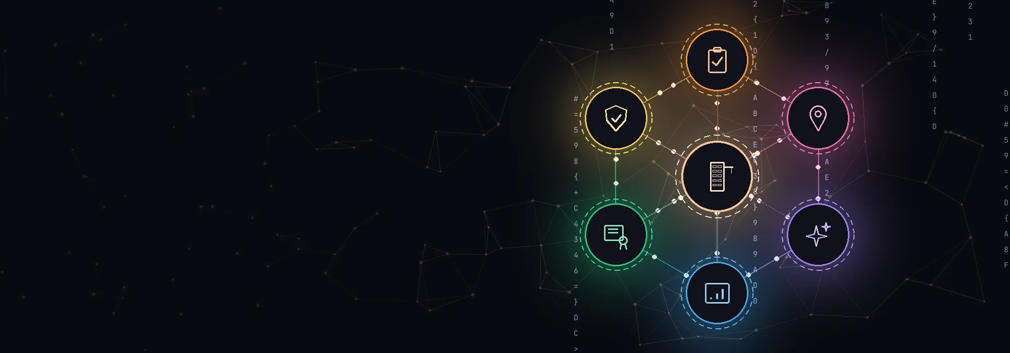 Building control software network: a building icon linked to glowing icons for inspections, compliance, site locations, certificates, AI and dashboards