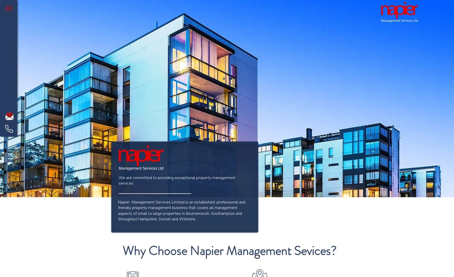Napier Management website home page, migrated and optimised for mobile by Cirrus Design Studio