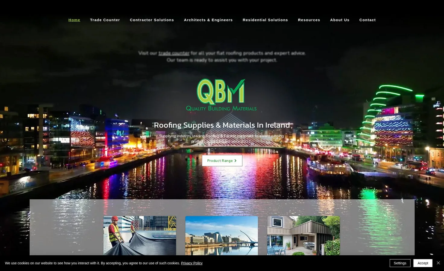 Quality Building Materials website home page with a bespoke dark theme, built on Wix by Cirrus Design Studio
