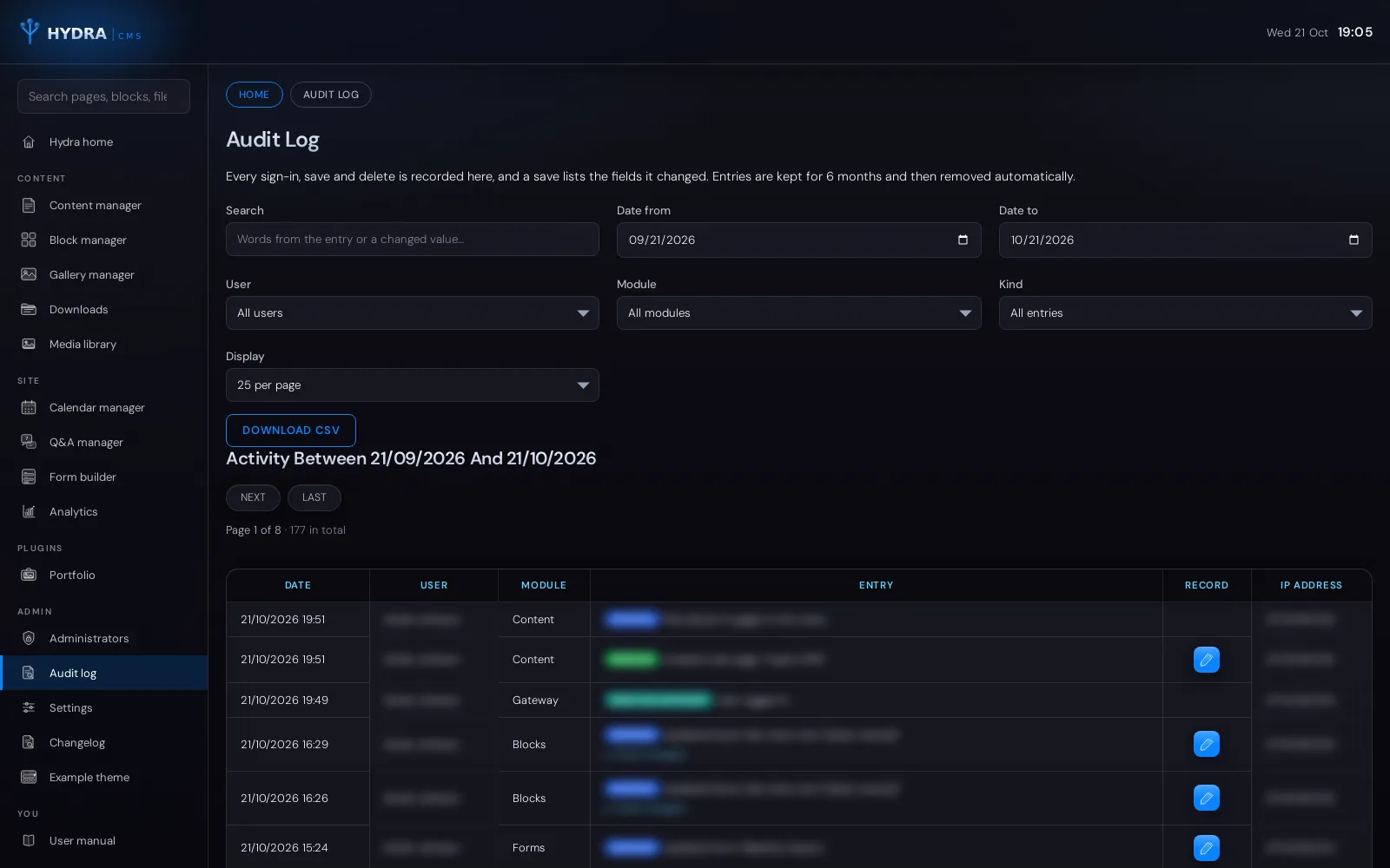 The Hydra CMS audit log listing who changed what, when and from where, with coloured labels for each kind of action