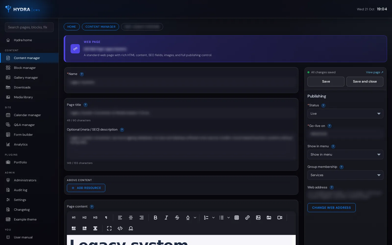 The Hydra CMS page editor, with the page fields on the left and the publishing panel on the right