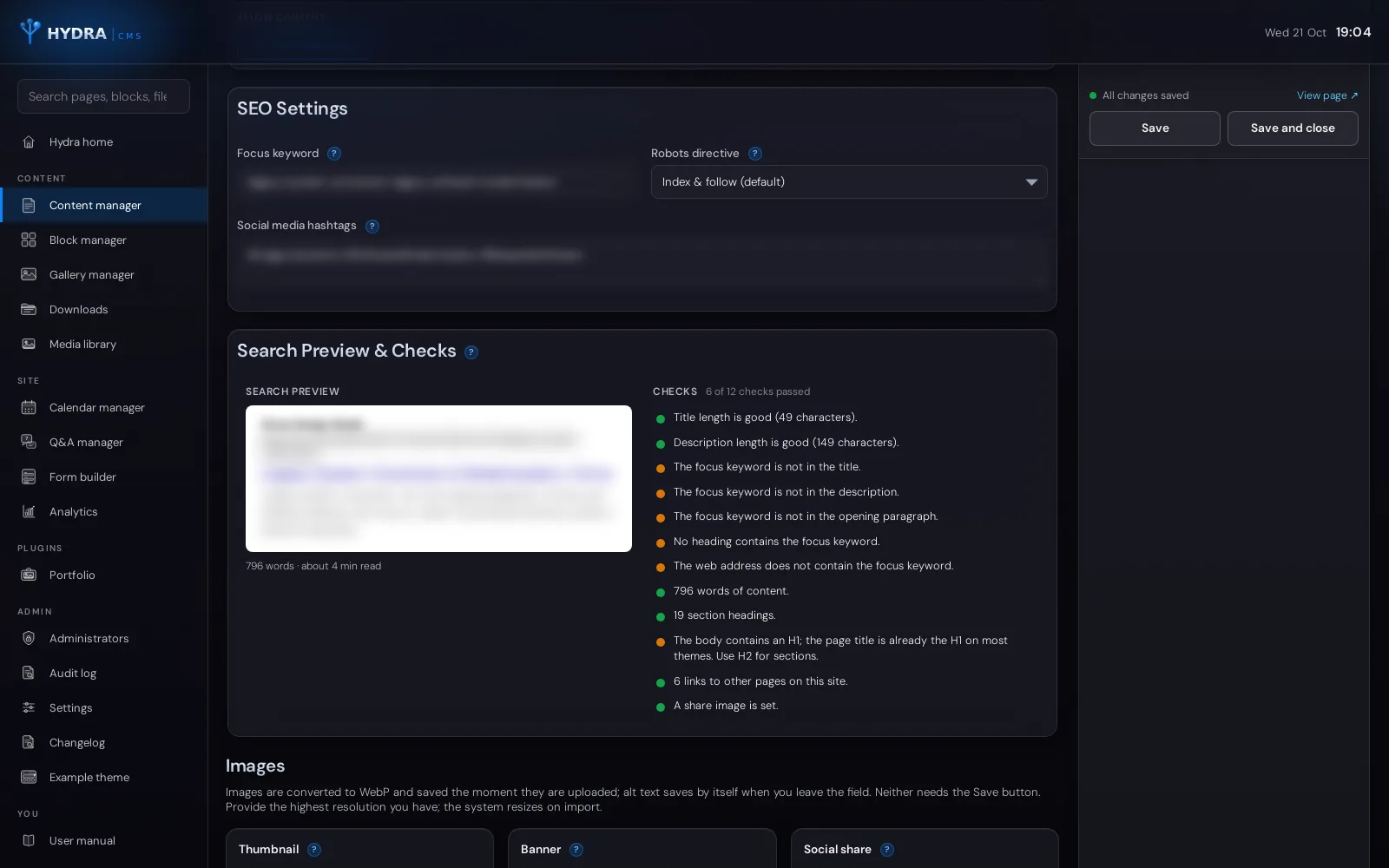 Hydra CMS SEO settings with a Google search preview and a live checklist of SEO checks